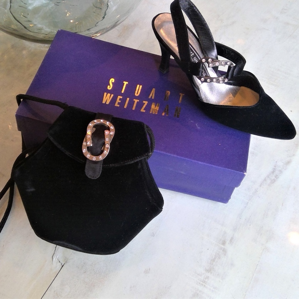 Stuart Weitzman velvet heels and evening bag